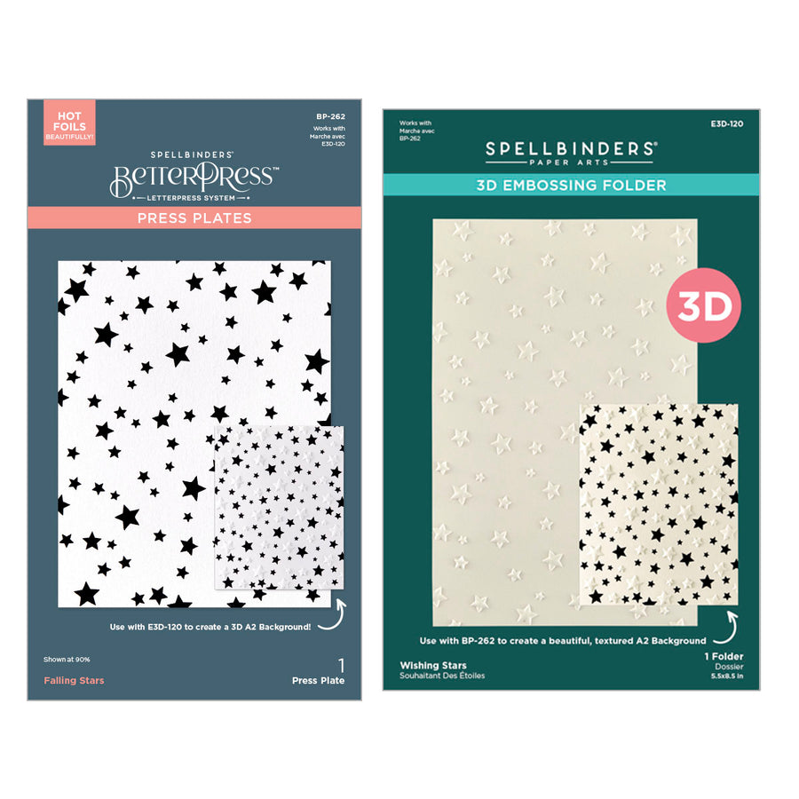 Spellbinders - Wishing and Falling Stars 3D Embossing Folder and BetterPress Bundle from the Little Smiles Collection