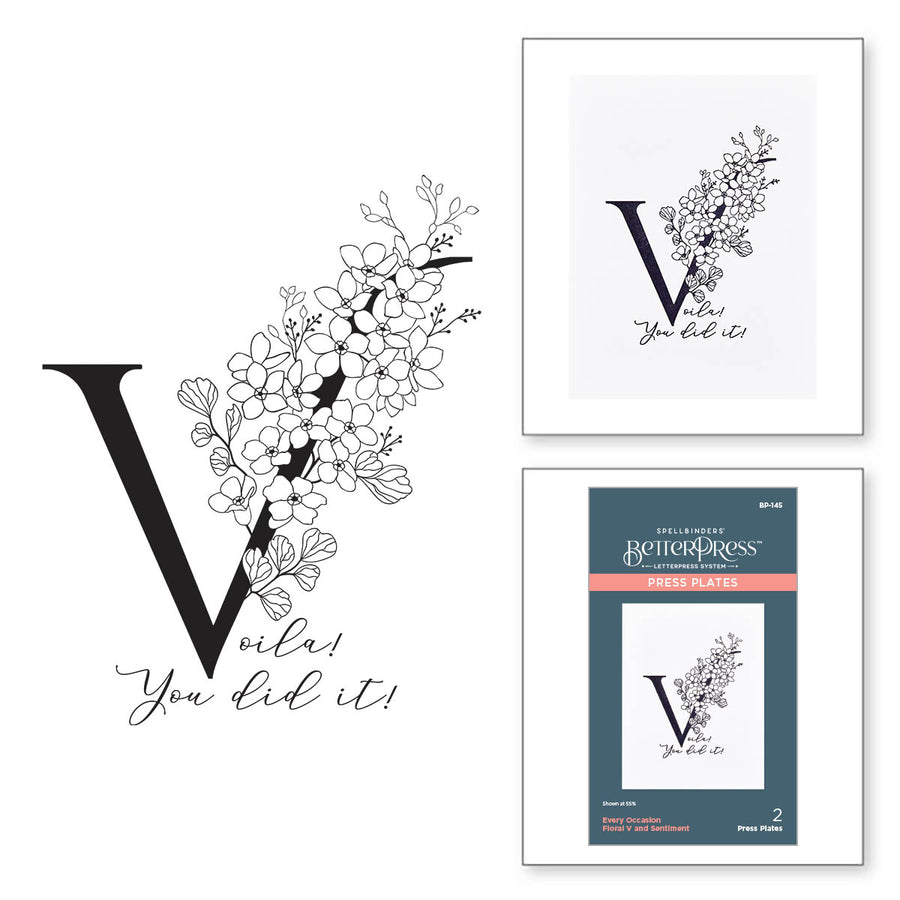 Spellbinders - Floral V and Sentiment Press Plate from the Every Occasion Floral Alphabet Collection