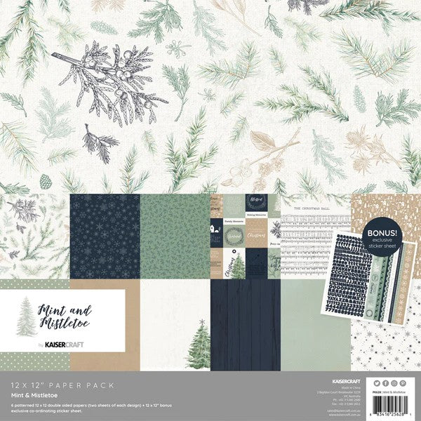 Kaisercraft - Mint & Mistletoe 12" x 12" Paper Pack - Bonus Sticker Sheet