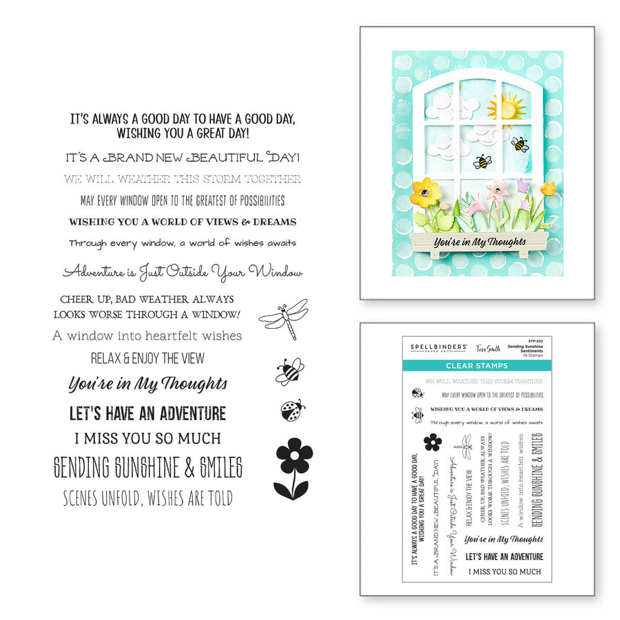 Spellbinders - Sending Sunshine Sentiments Clear Stamp Set from the Windows with a View Collection by Tina Smith